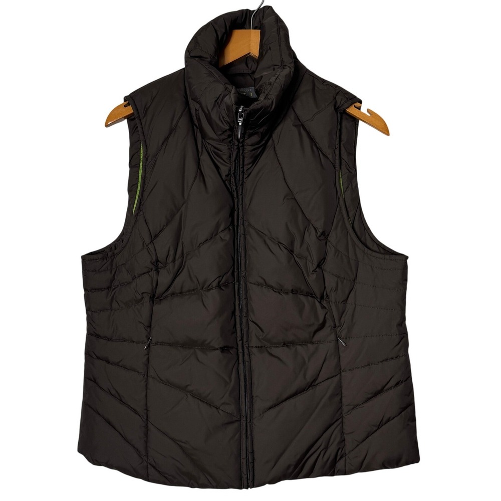 Kenneth Cole Brown Quilted Down Fill Puffer Vest Green Lining Womens Large